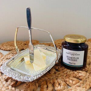 Vintage Queen Anne Silver Plated Butter Dish - with Butter knife - Glass Insert